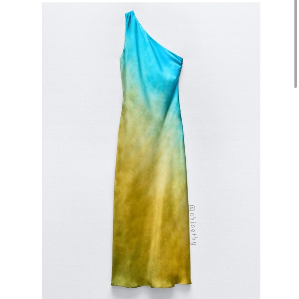 Zara Blue and Yellow One-Shoulder Maxi Dress